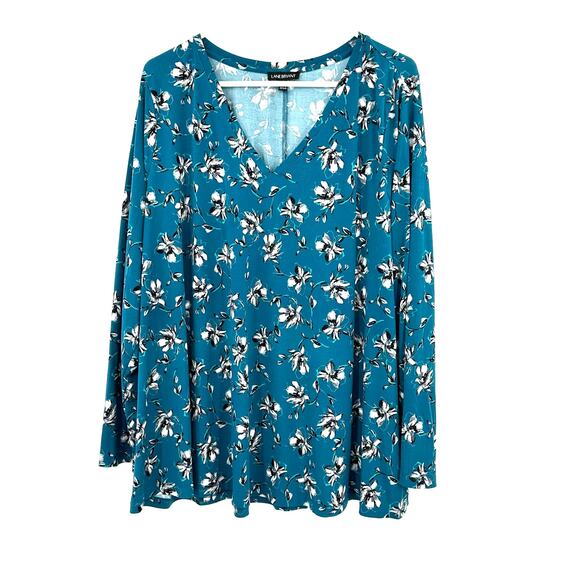 Lane Bryant Size 18 / 20 Long Sleeve‎ V Neck Top Blouse Blue White Floral Print - Picture 1 of 5